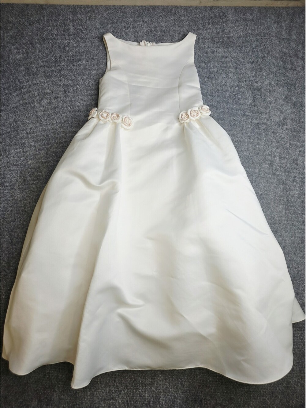 Mon Cheri White Satin Flower Girl Dress Pink Rosette Bow Wedding Gown Size 4
